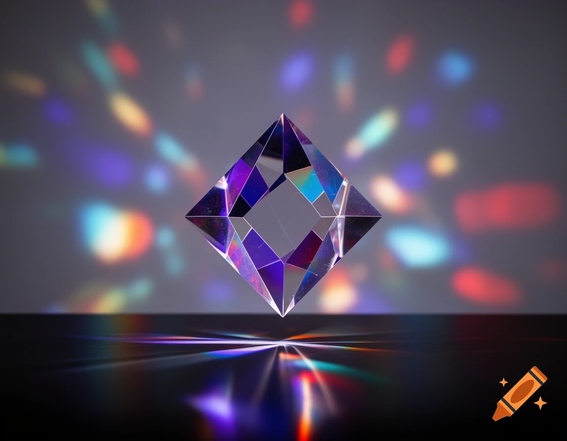 A clear, crystalline rhomboid prism centered, reflecting and refracting vibrant, colorful light onto a dark, reflective surface and a muted gray background.