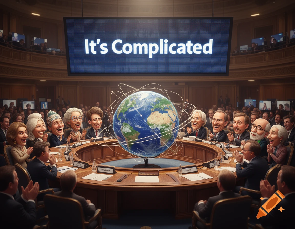 Cartoon politicians laughing around a globe in a conference room, with 'It's Complicated' on a large screen above.