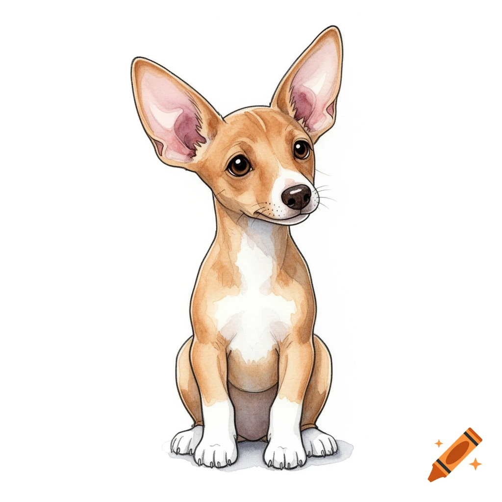 Watercolor illustration of a cute light brown Podenco puppy with huge ears, white paws, and nose, sitting on a white background.