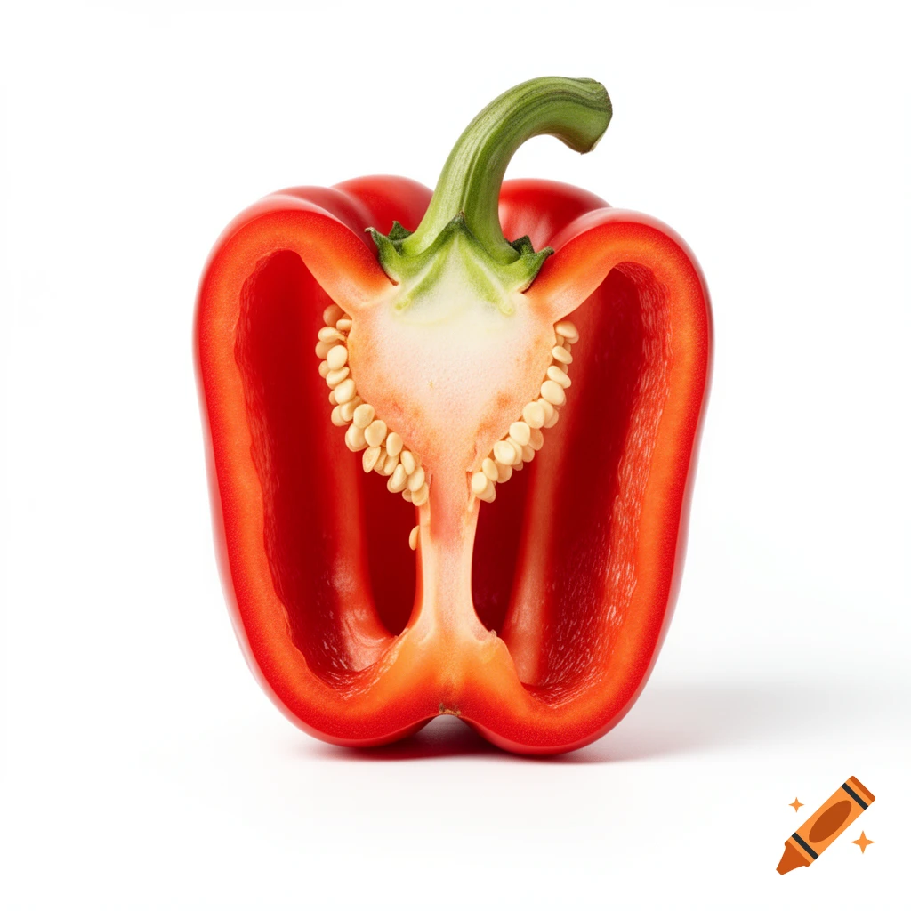 A vibrant red bell pepper cut in half, revealing its seeds and inner structure, viewed from the front on a clean white background.