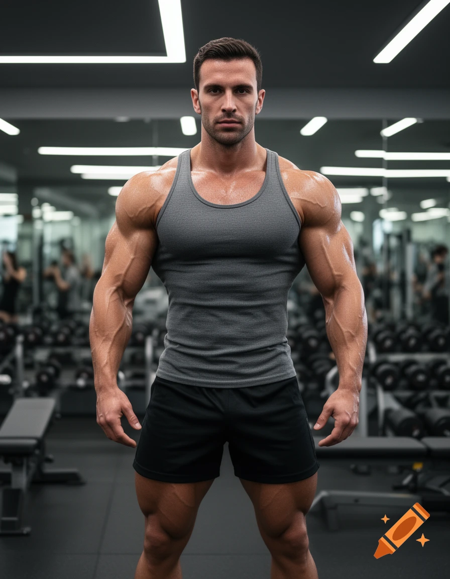 A muscular man in a gray tank top and black shorts stands in a gym, looking directly at the camera.