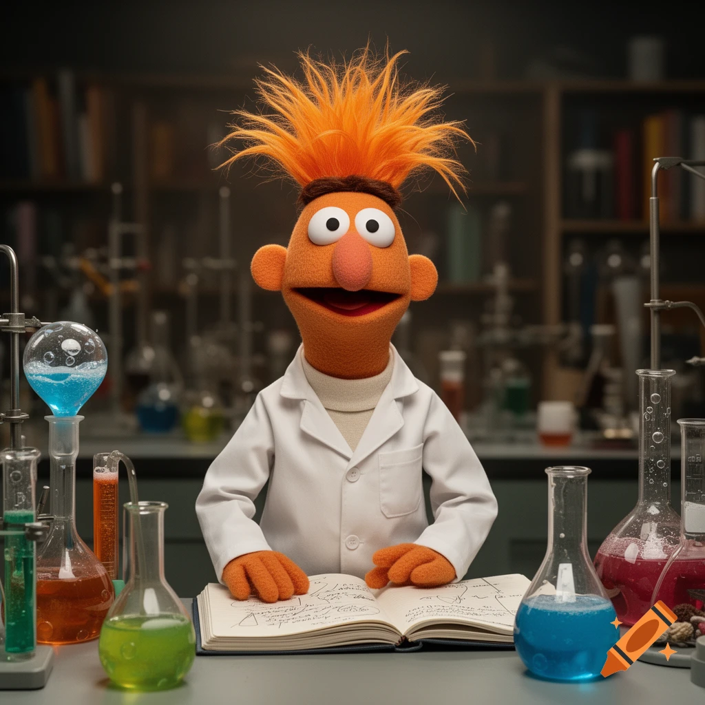 Beaker from The Muppets, wearing a lab coat, sits at a desk in a science lab surrounded by beakers and colorful liquids.