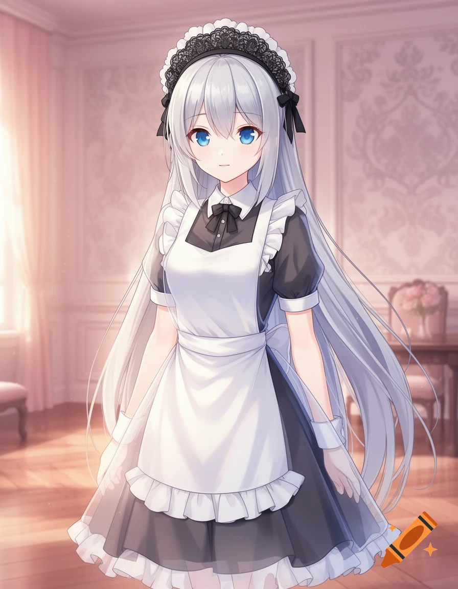 An anime girl with long silver hair and blue eyes, wearing a black and white maid outfit with a lace headpiece, stands in a soft-lit room.