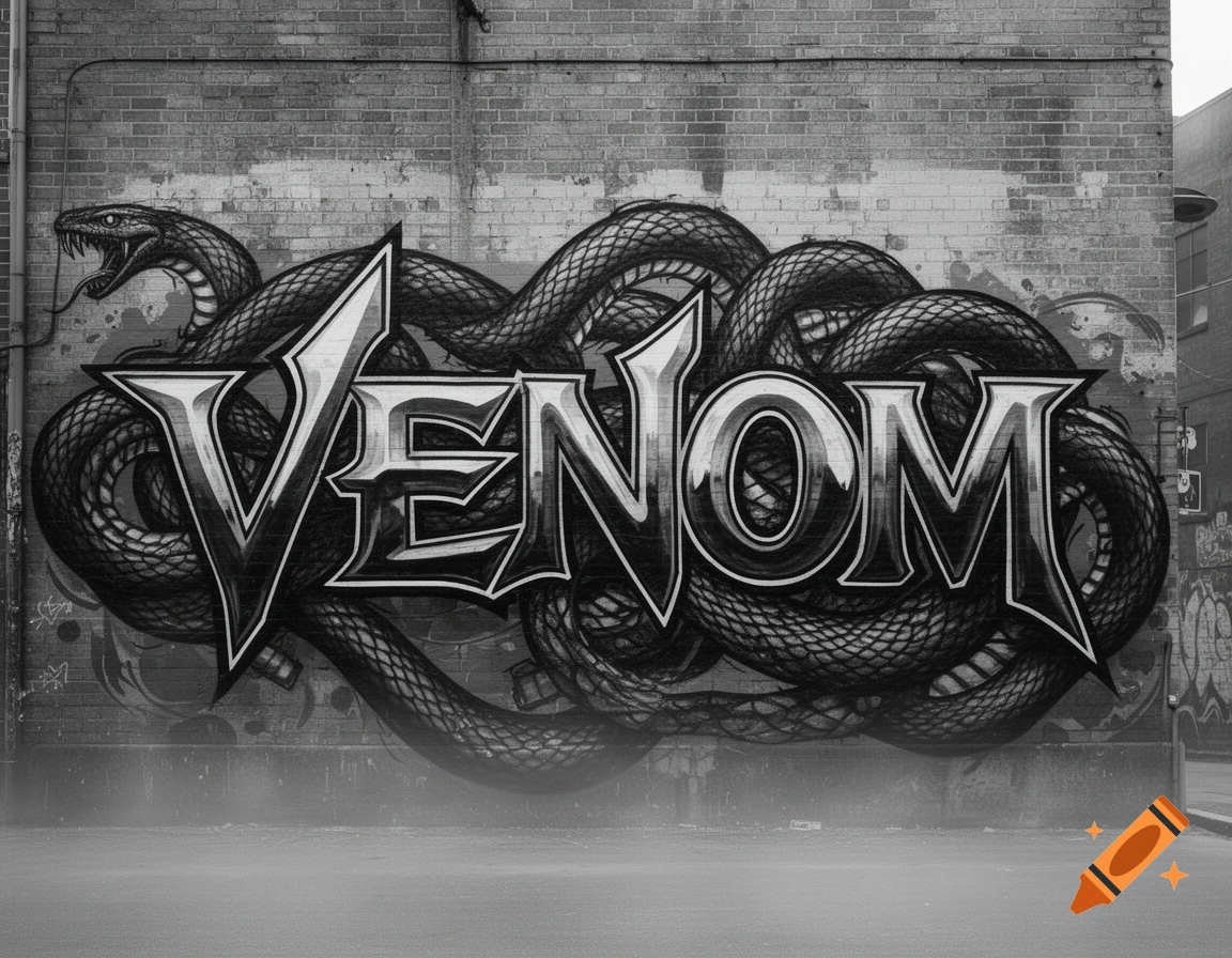 Black and white graffiti mural on a brick wall spelling 'VENOM' in stylized font, surrounded by coiled snakes with one hissing.