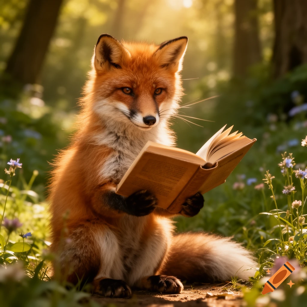 A photorealistic red fox with bright fur sits on a forest path, holding an open book and appearing to read it. Sunlit trees and wildflowers are in the soft background.