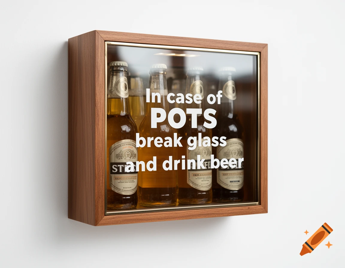 A wooden box with a glass door hanging on a white wall, displaying several beer bottles inside. The glass door has white text: 'In case of POTS break glass and drink beer'.