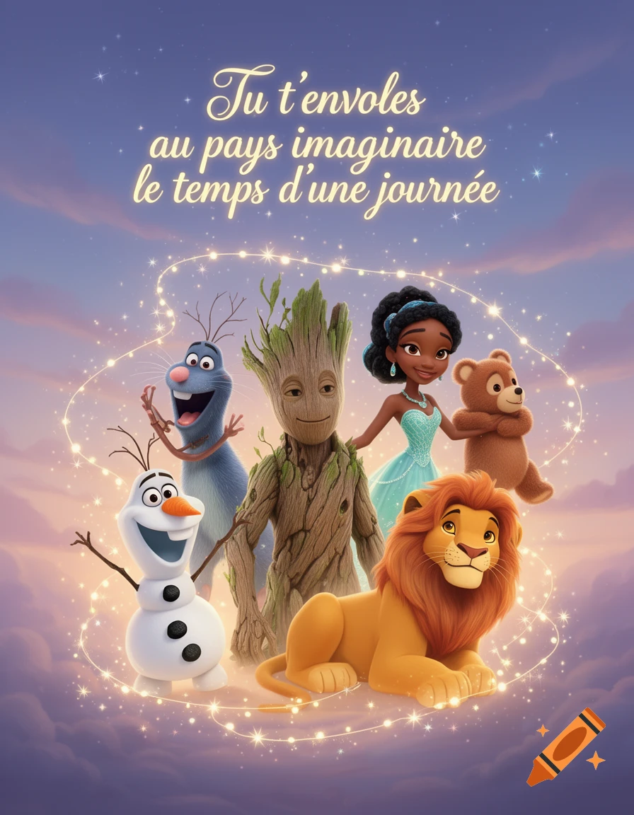 An illustration with text reading "Tu t'envoles au pays imaginaire le temps d'une journée" above cartoon characters including Olaf, Groot, Princess Tiana, Simba, a blue creature, and a bear, on a cloudy, starry background.