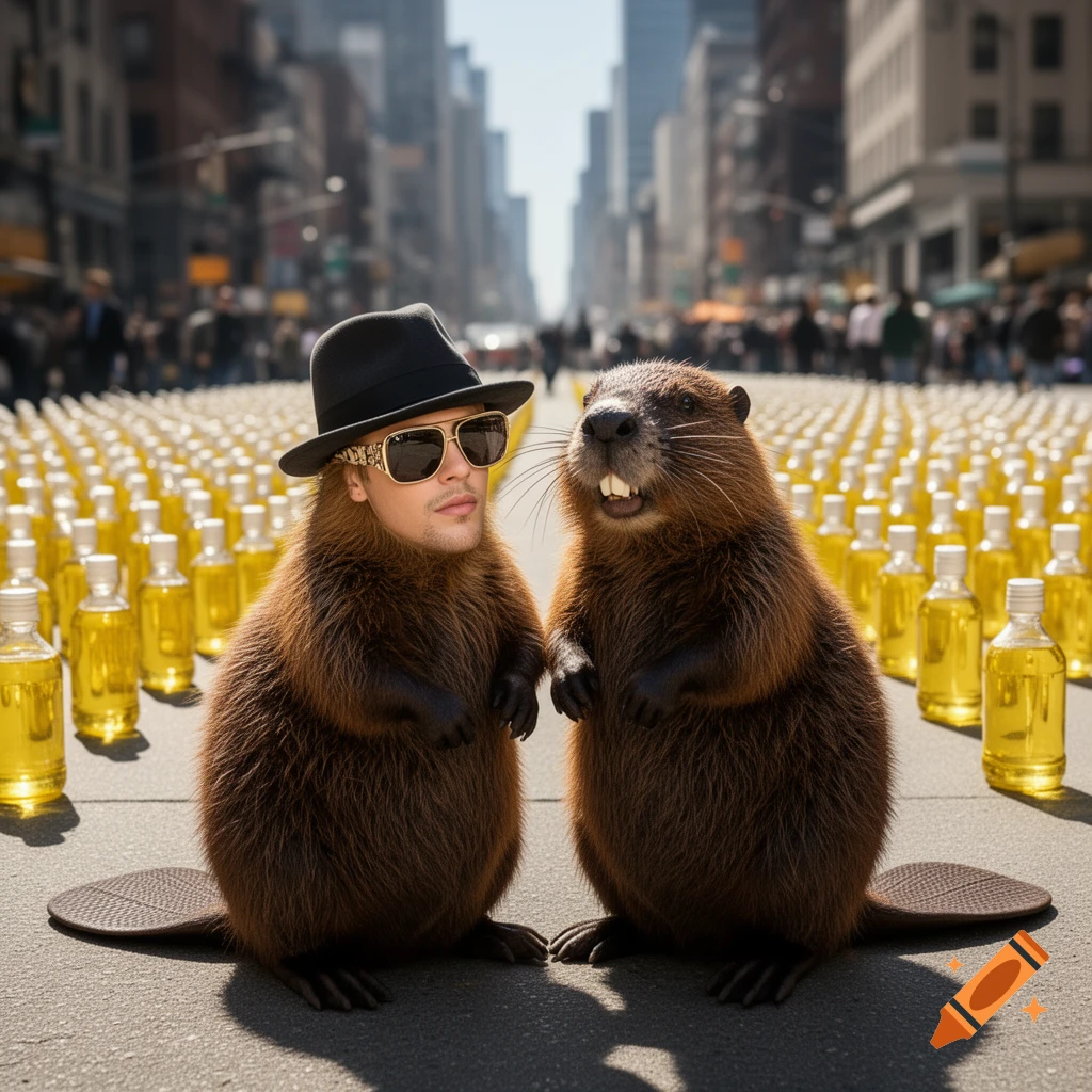 A photorealistic image of a beaver with Justin Bieber's face and sunglasses, next to a plain beaver, on a city street lined with yellow bottles.