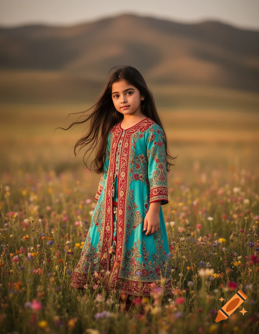 A young girl in a vibrant teal and red embroidered dress stands in a field of colorful wildflowers with blurred mountains in the background.
