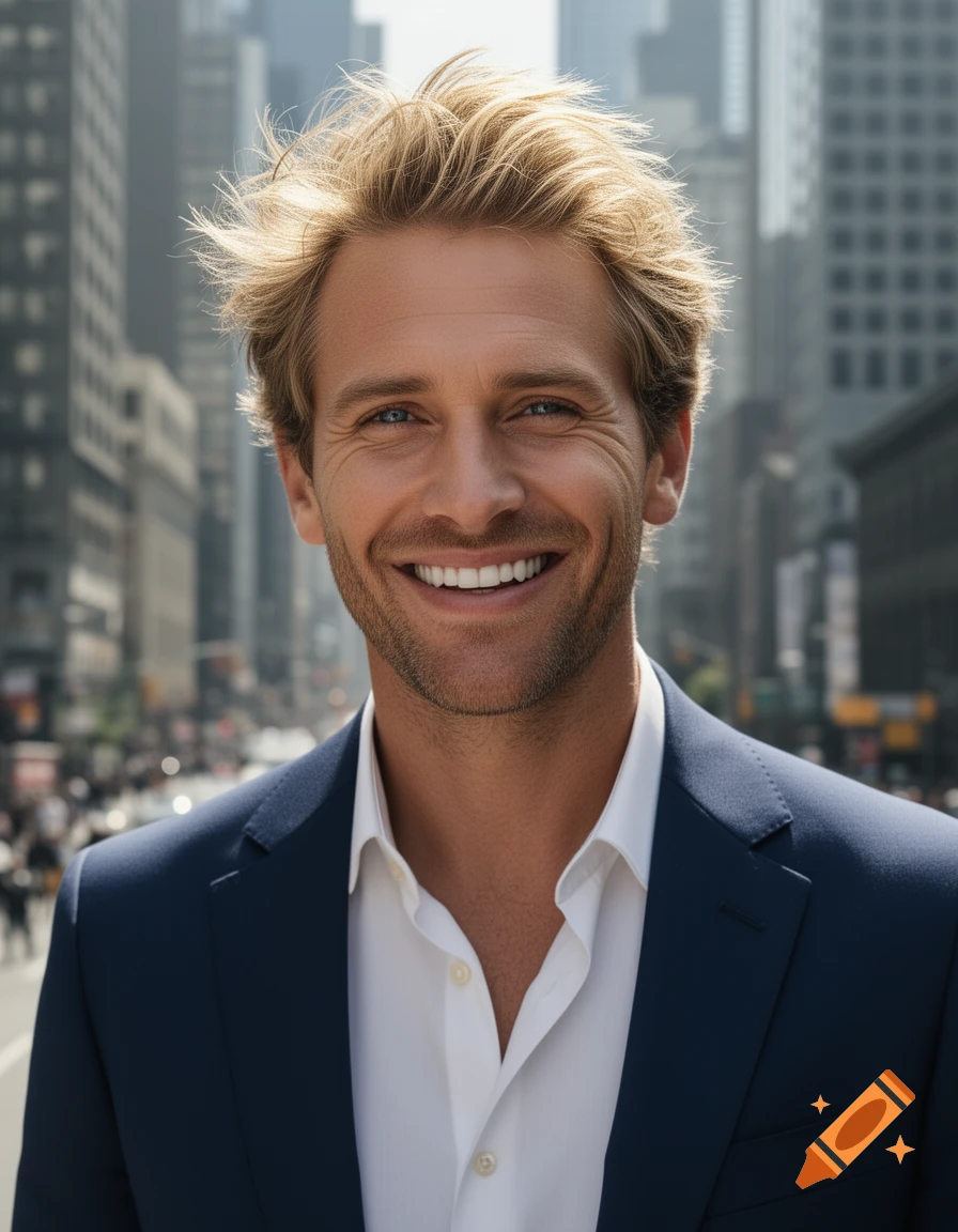 Photorealistic portrait of a smiling blonde man in a blue suit and white shirt, standing on a bustling city street.