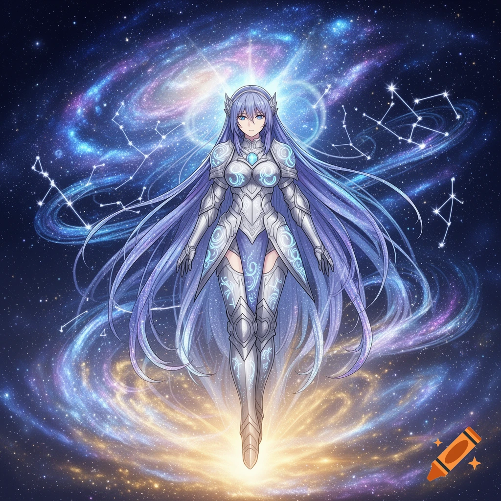 An anime illustration of a female character in silver armor with long blue hair, floating amidst swirling galaxies and constellations.