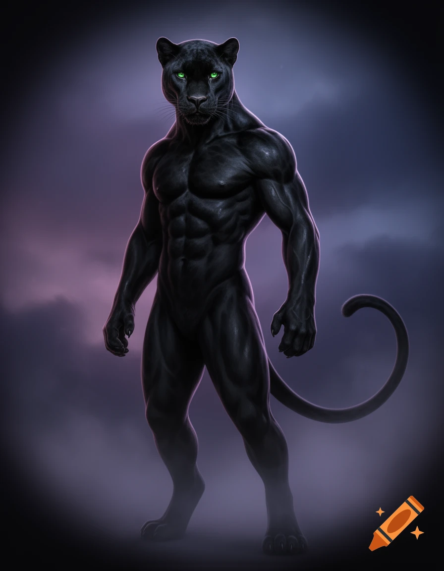 Muscular black panther humanoid with glowing green eyes stands in purple mist.