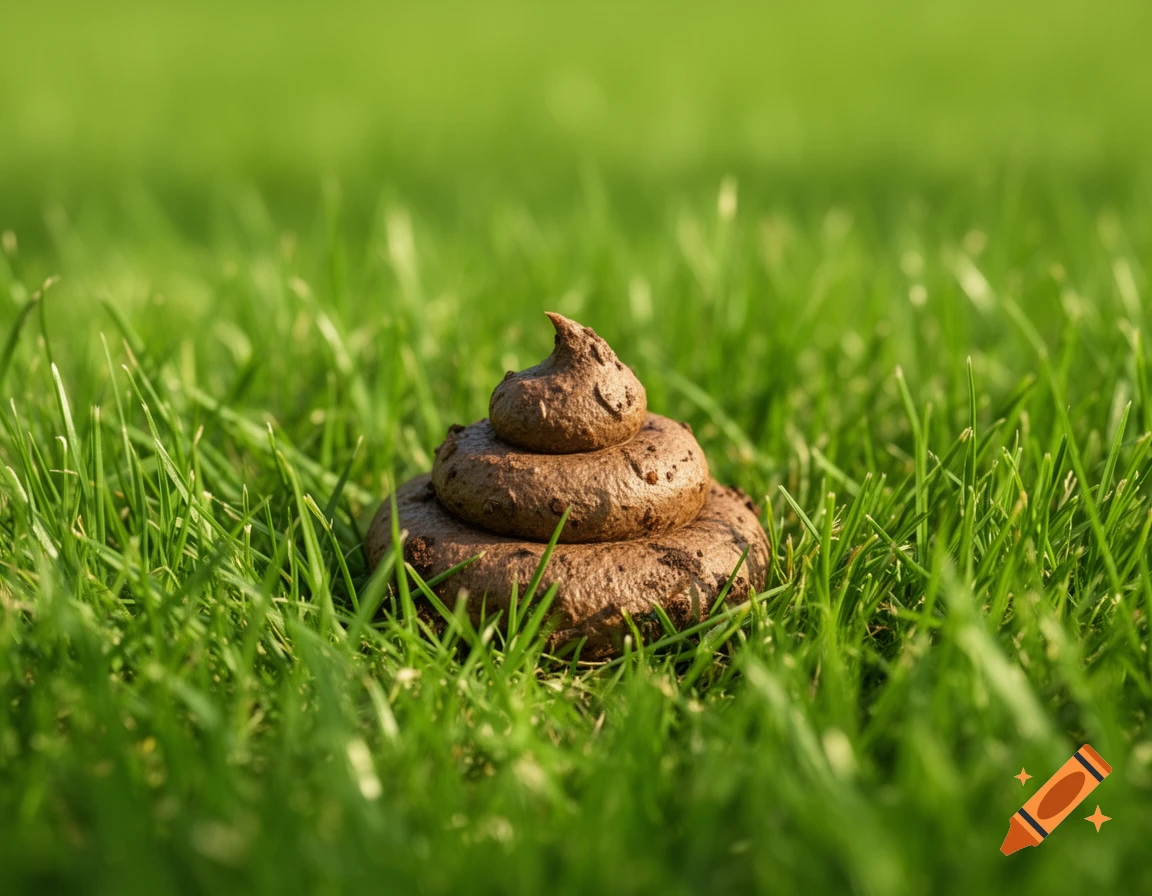 A fresh pile of brown animal feces sits on bright green grass in a close-up, photorealistic shot.