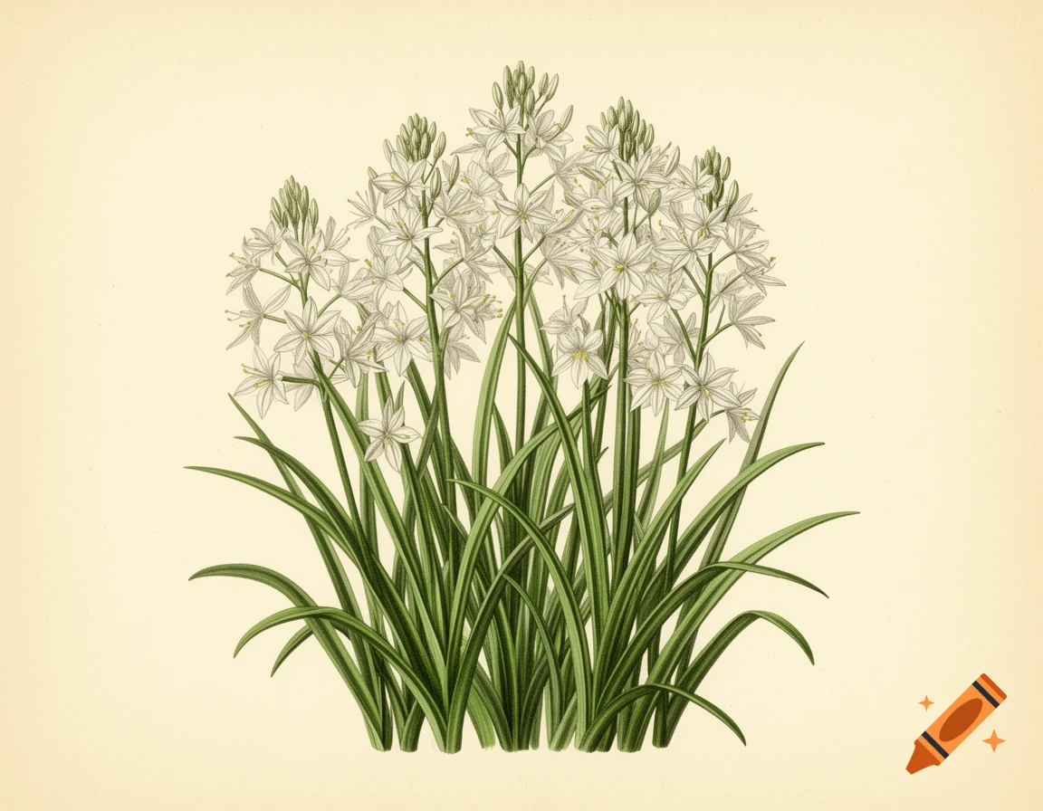 A botanical drawing of a cluster of white star-shaped flowers with slender green leaves.