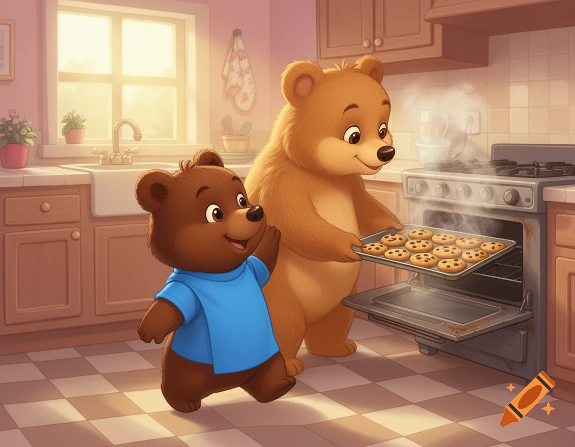 Two happy cartoon bears in a cozy kitchen, with a larger bear taking warm cookies from the oven and a smaller bear in a blue shirt watching.