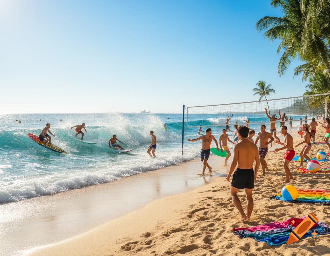 A vibrant beach scene with people surfing in turquoise waves and others playing volleyball on the sand, under a clear blue sky.