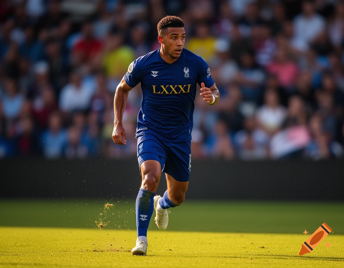 A male football player in a blue uniform with Roman numerals on his chest runs on a grassy field in a stadium, photorealistic.