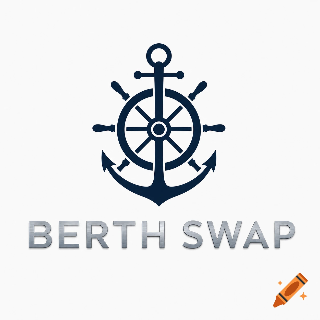 Minimalist luxury logo of a navy blue ship's wheel merged with an anchor, above brushed steel text 'BERTH SWAP' on an off-white background.