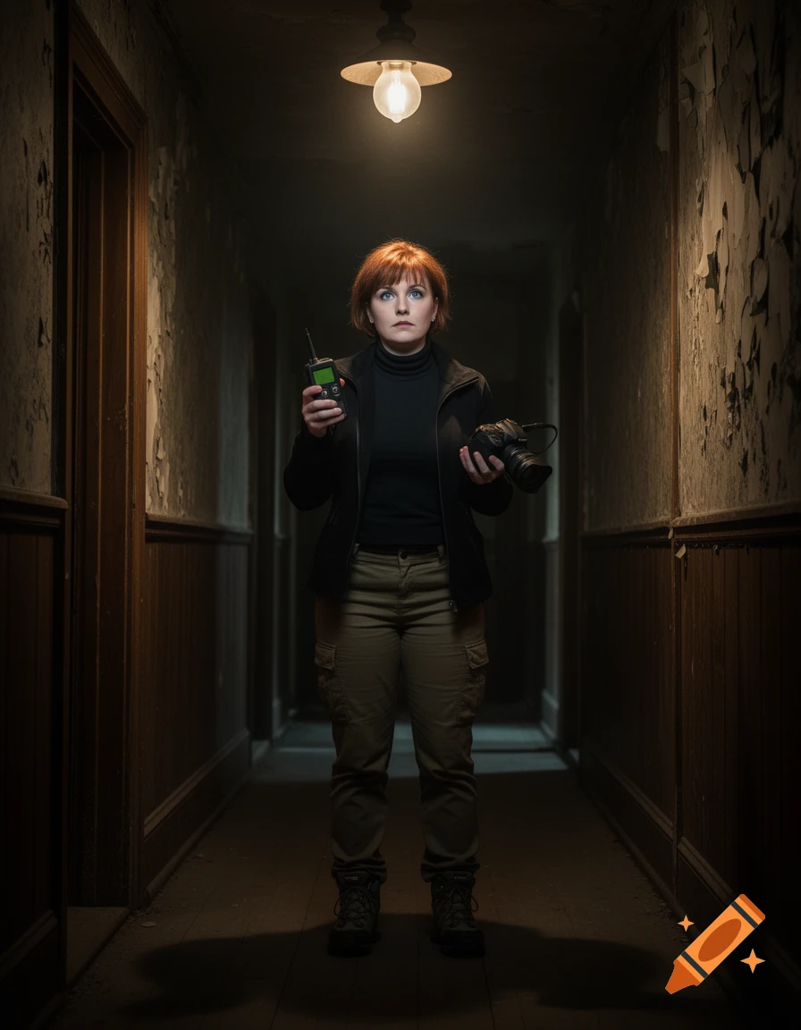A photorealistic image of a female ghost hunter with auburn hair holding a walkie-talkie and camera in a dimly lit, decaying hallway.