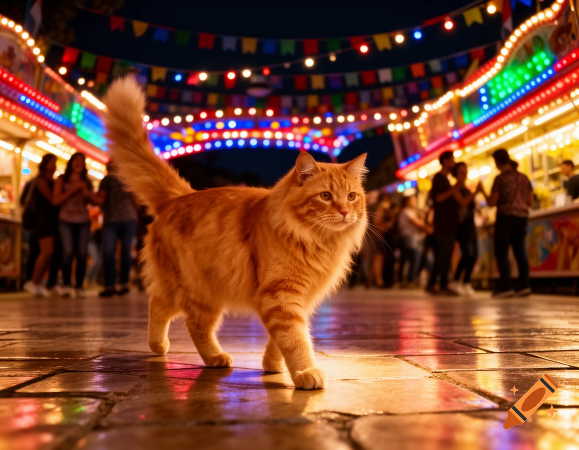 A fluffy orange cat walks on a tiled path at night, illuminated by colorful carnival lights, with blurred people in the background.