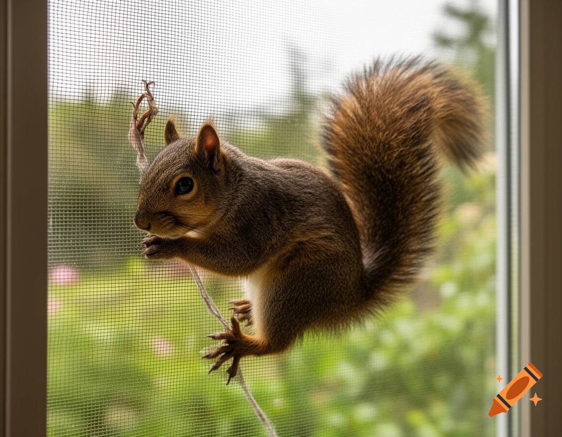 A close-up, photorealistic image of a brown squirrel with a bushy tail clinging to a window screen, looking left. Green foliage is blurred in the background.