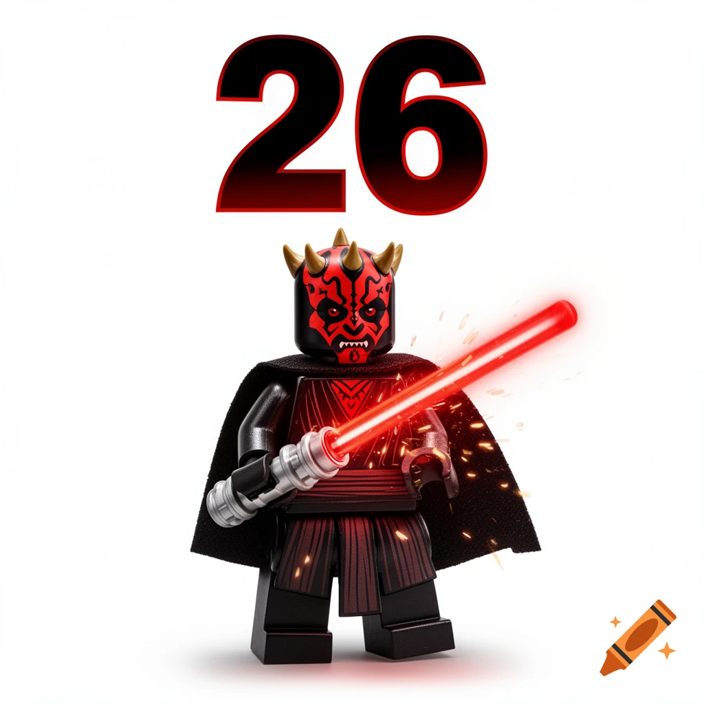 A Lego Darth Maul minifigure with a red lightsaber stands on a white background, with a large black and red number "26" above him.