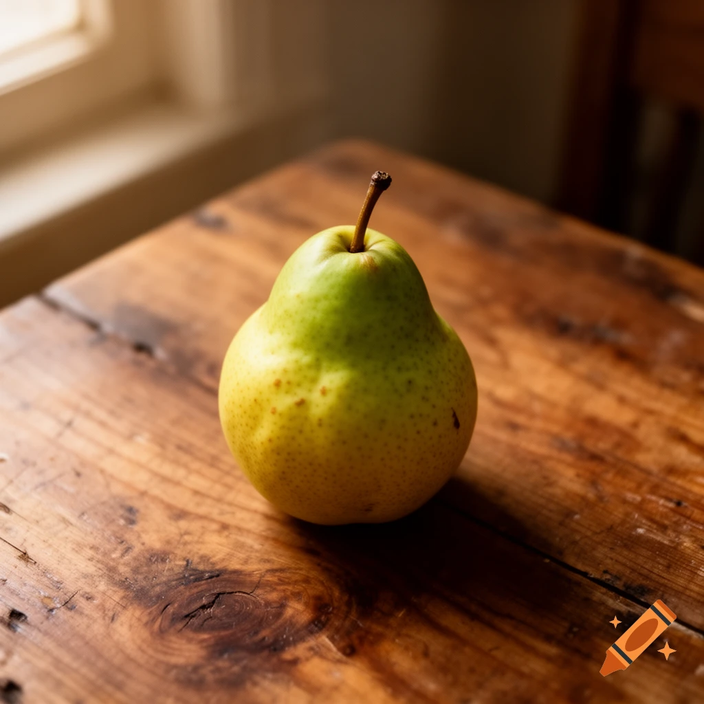 A single green and yellow pear rests on a rustic wooden table, illuminated by soft window light.