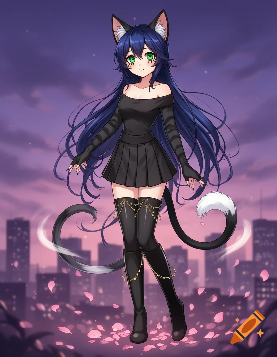 An anime cat girl with dark blue hair, green eyes, cat ears, and a long tail, wearing a black off-shoulder top and skirt, standing against a purple city background.
