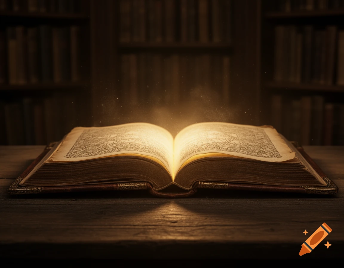 An open, antique magical book with glowing pages sits on a wooden table in a dimly lit library, surrounded by bookshelves.