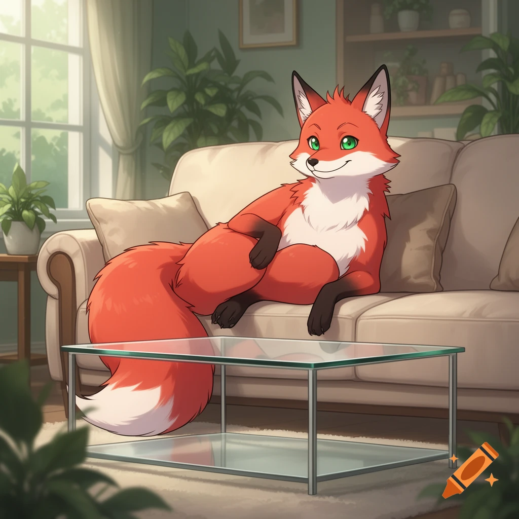 Anime-style illustration of a red anthro fox with green eyes relaxing on a beige couch in a cozy living room.