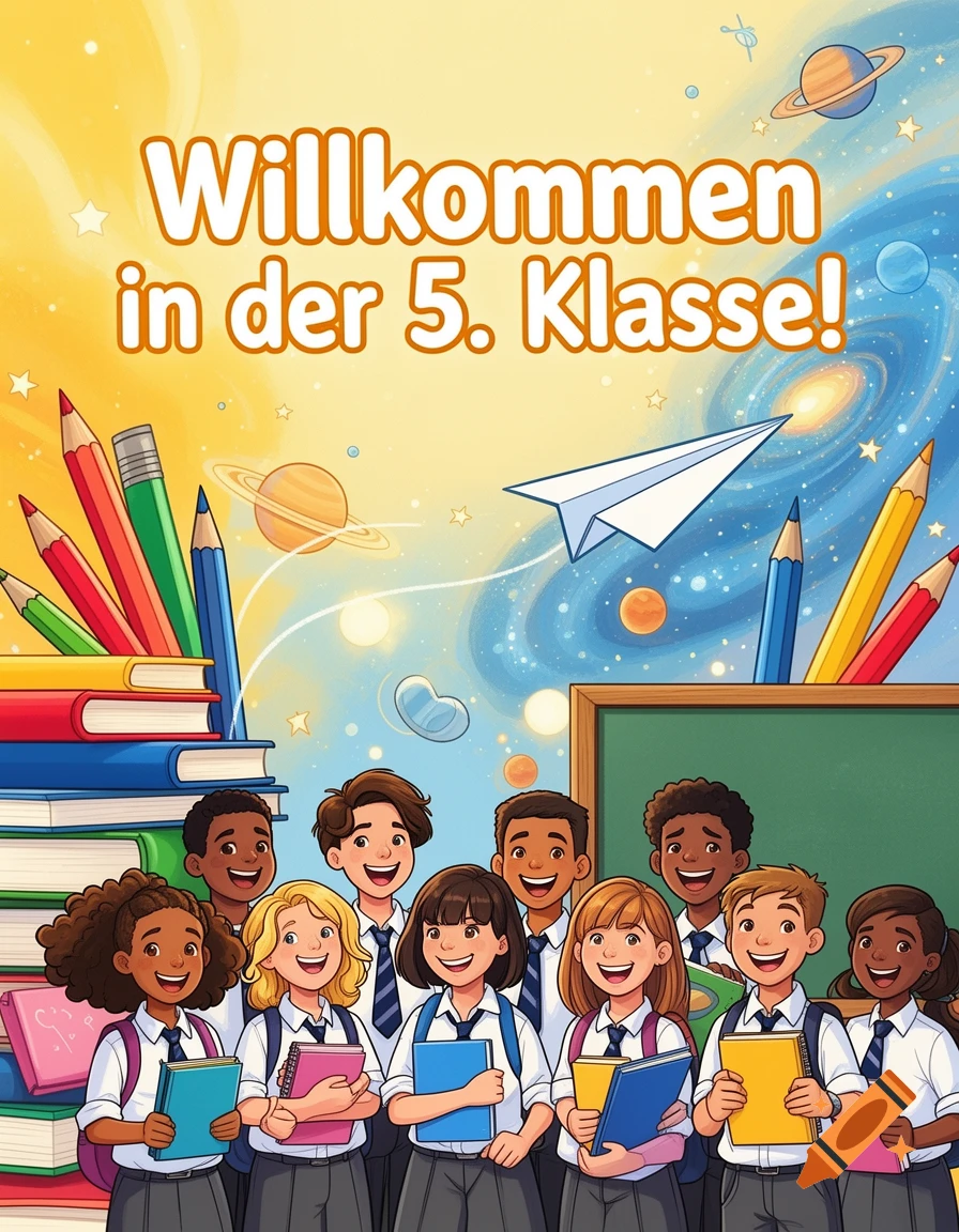Smiling diverse schoolchildren in uniforms holding books, with pencils, blackboard, and cosmic background. Text: 'Willkommen in der 5. Klasse!'