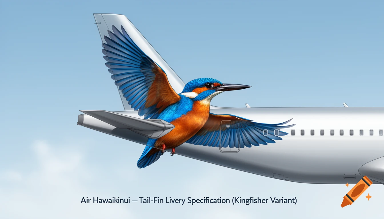 Illustration of a blue and orange kingfisher with outstretched wings on the tail fin of a white airplane against a blue sky.