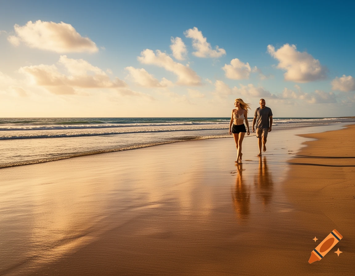 A woman and a man walk barefoot along a wet sandy beach with calm waves under a bright blue sky with scattered clouds at sunset.