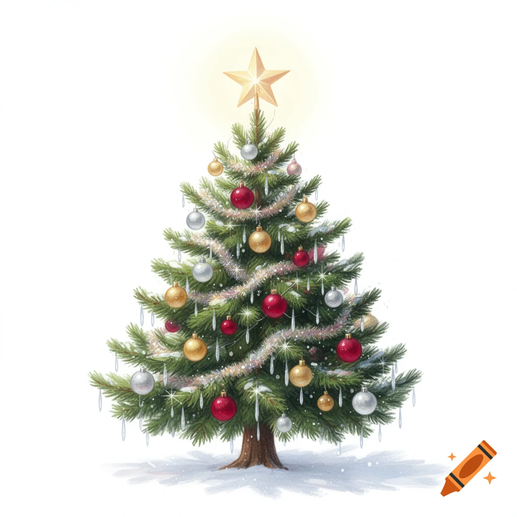 A cartoon-style Christmas tree decorated with red, gold, and silver ornaments, tinsel, and a glowing star on top, set on a snowy white background.
