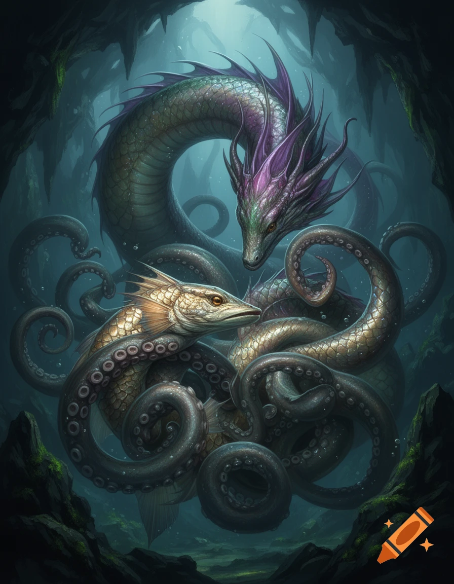 A fantasy illustration of a serpentine dragon and a fish-headed, tentacled creature intertwined in an underwater cave.