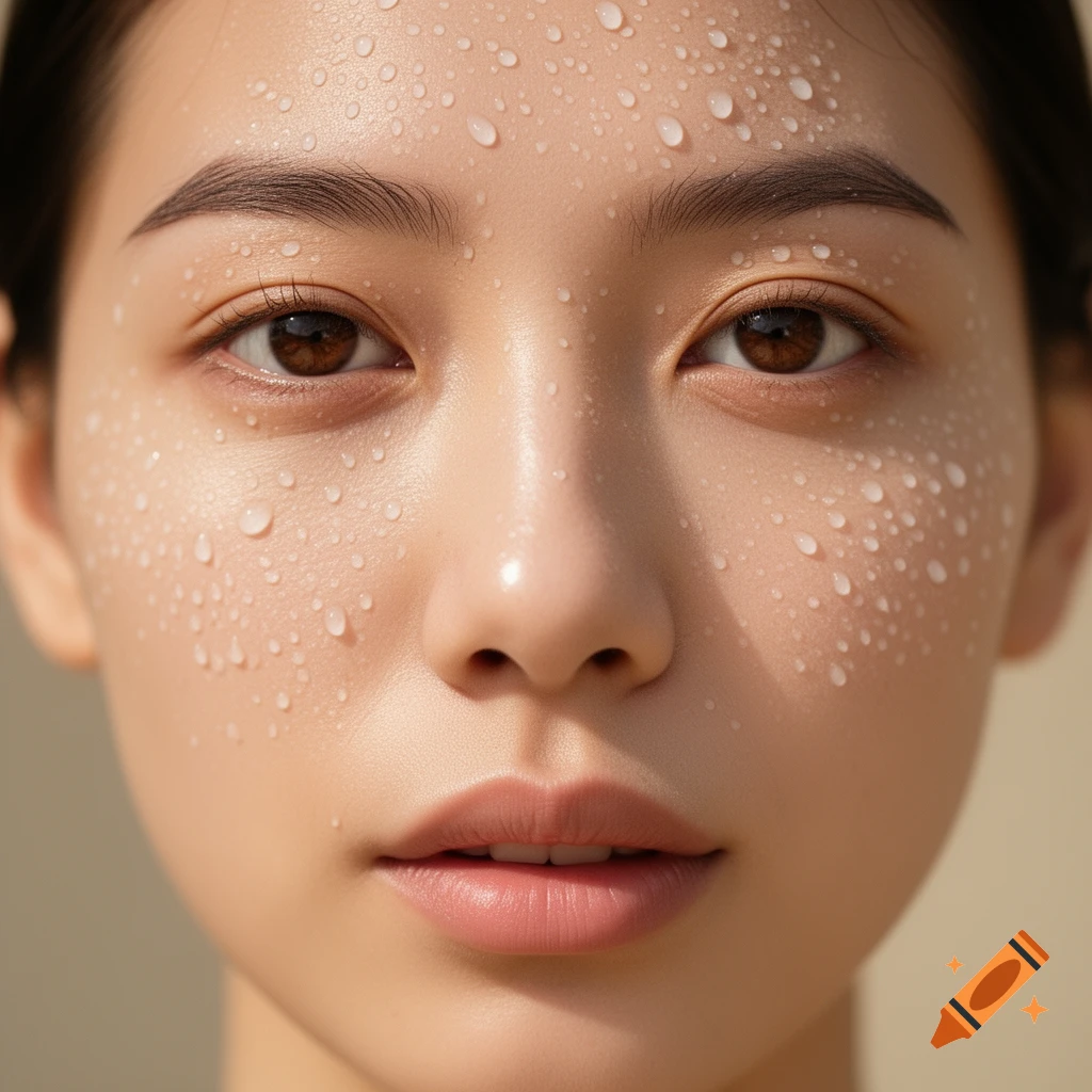 Close-up photorealistic portrait of a woman's face covered in water droplets.