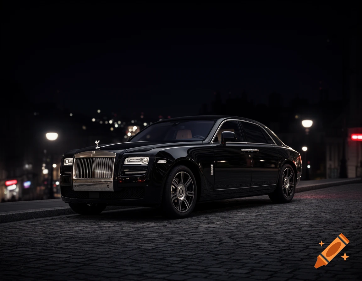 A black Rolls-Royce Ghost luxury car parked on a cobblestone street at night, with streetlights and city lights blurring in the background.