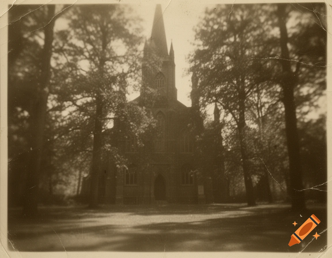 Sepia-toned vintage photo of a church steeple through trees, with a degraded, faded appearance.