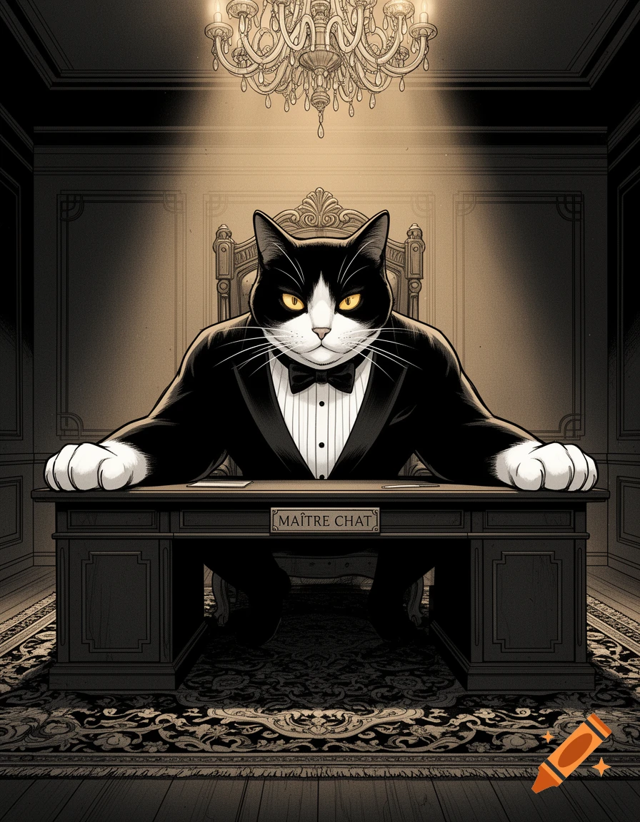 A stylized manga illustration depicts a serious black and white tuxedo cat with glowing yellow eyes, seated at a large, dark desk in an elegant, dimly lit room.