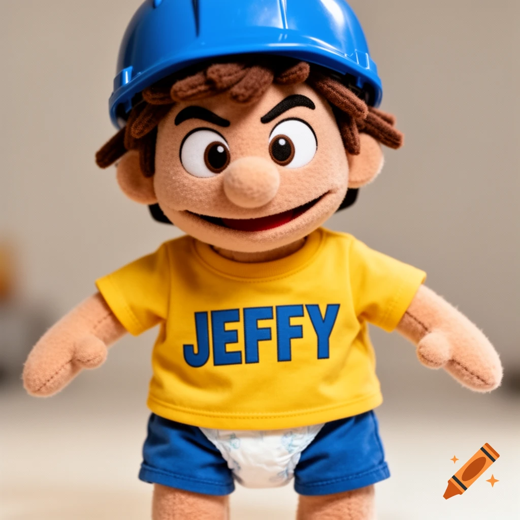 A plush puppet character named Jeffy wears a blue construction helmet, a yellow shirt with 'JEFFY' in blue, blue shorts, and a diaper.