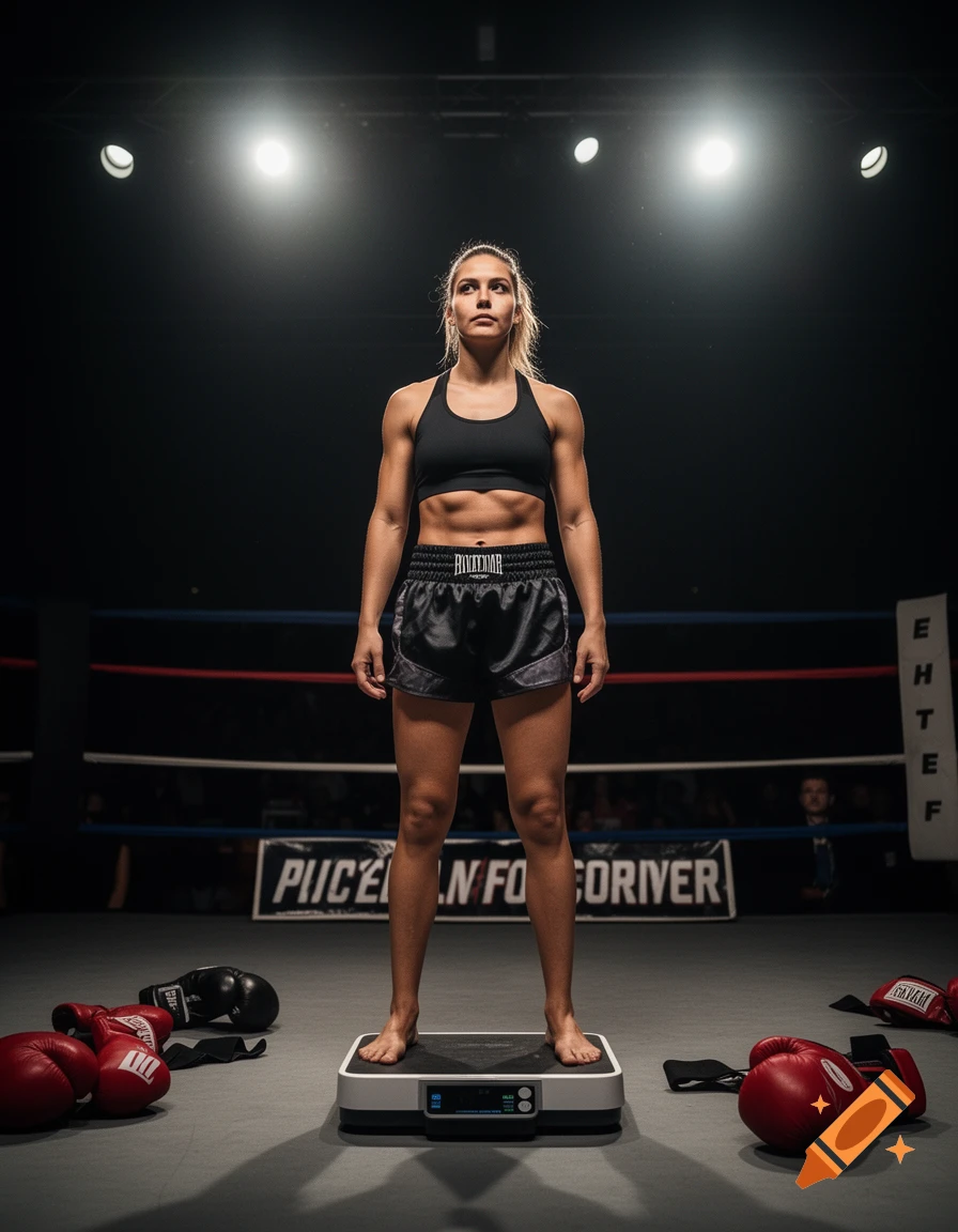 A strong female boxer in a sports bra and shorts stands barefoot on a scale in a boxing ring, ready to weigh in.