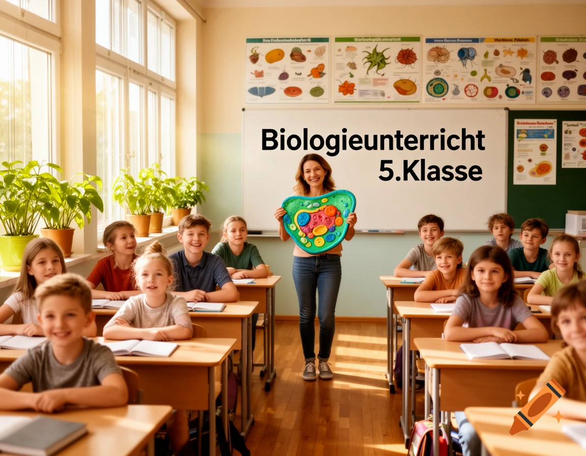 A teacher holds a cell model in front of a whiteboard that says "Biologieunterricht 5. Klasse" as smiling students sit at desks.