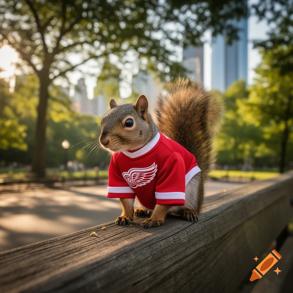 A photorealistic squirrel wearing a red hockey jersey with a white winged logo, sitting on a wooden bench in a sunny city park.