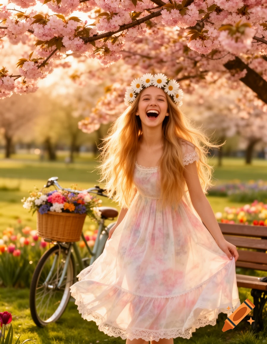 A happy young woman laughs under pink cherry blossoms, wearing a daisy crown and a pastel dress, with a bicycle and tulips in a sunny park.
