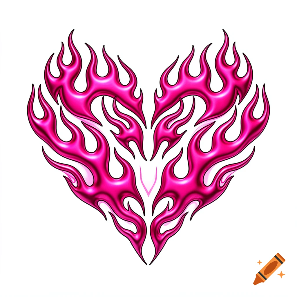 A symmetrical heart symbol made of shiny, bright pink and magenta flames in a Y2K or tribal tattoo style on a white background.