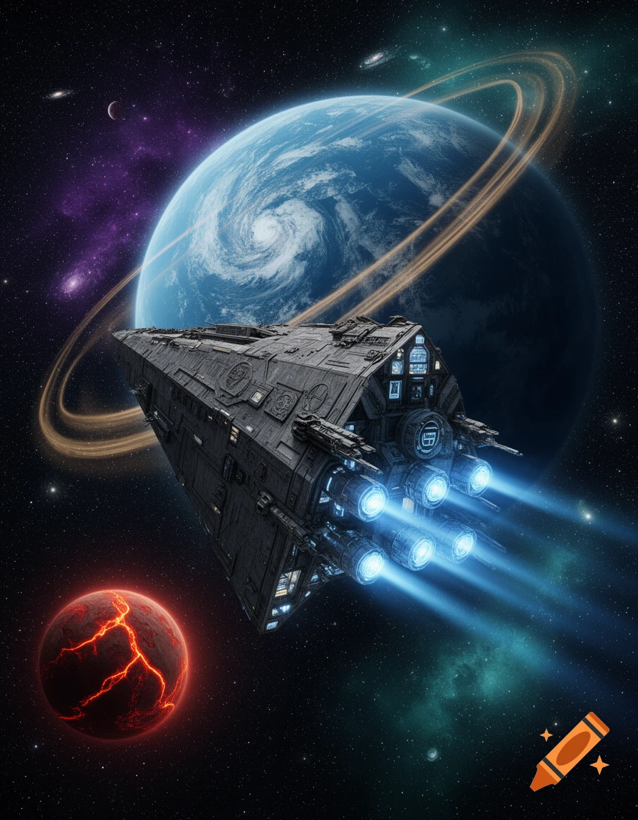 A wedge-shaped spaceship with glowing thrusters flies past a large blue ringed planet and a smaller red volcanic planet in deep space. Photorealistic sci-fi art.
