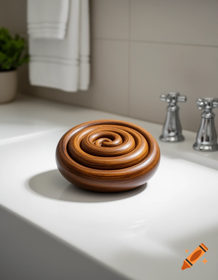 A spiral-shaped wooden object rests on a white bathroom sink, with chrome faucets and a towel in the background.