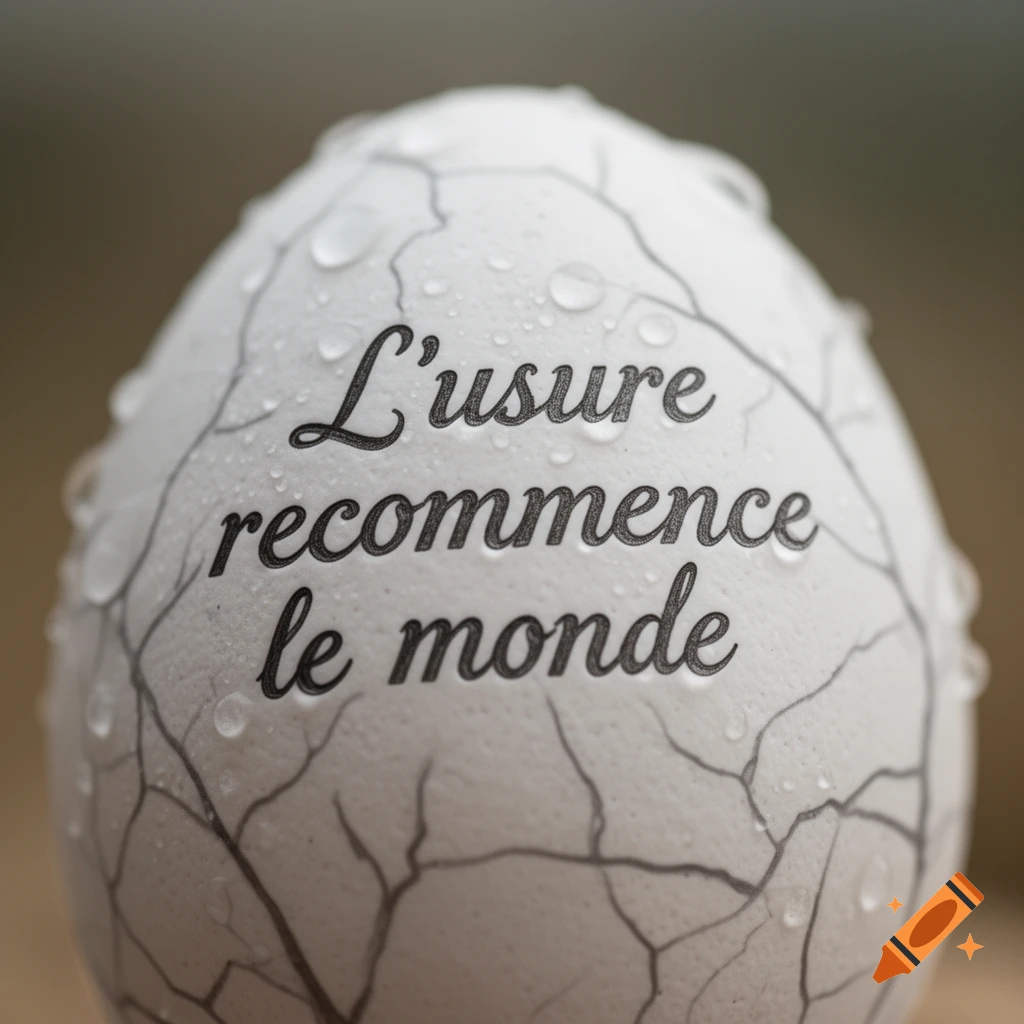 Close-up of a white egg covered in water droplets and cracks, with the handwritten French phrase 'L'usure recommence le monde'.
