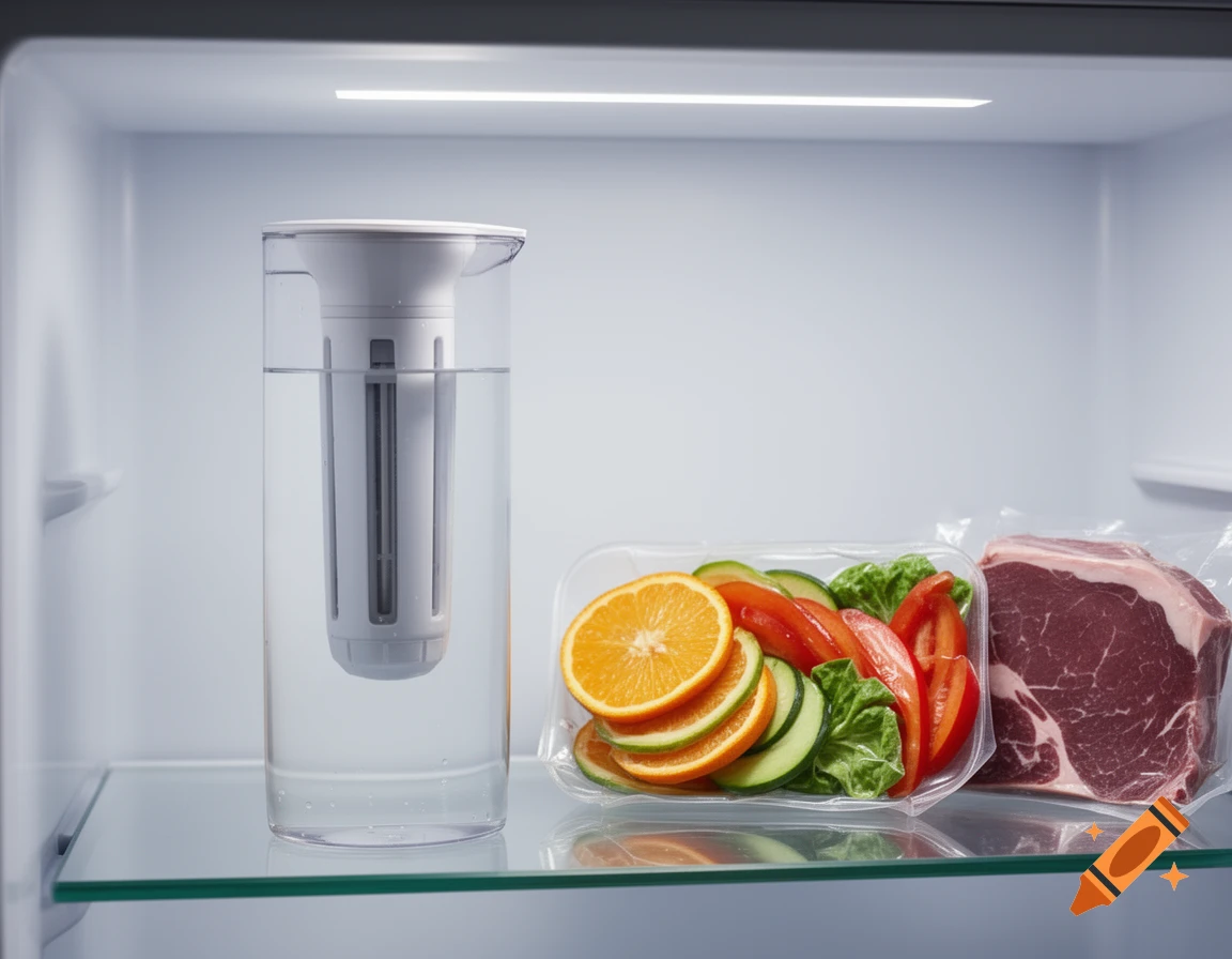 A water filter pitcher, sliced oranges, tomatoes, cucumbers, lettuce, and a vacuum-sealed cut of meat on a glass shelf inside a bright refrigerator.