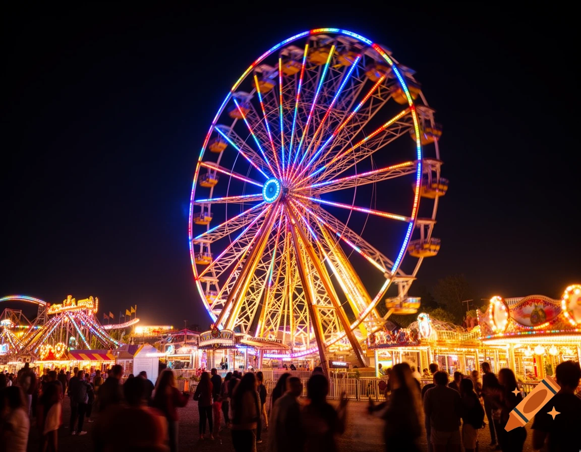 A large, colorful Ferris wheel illuminated at night in a bustling amusement park, with crowds of people and other rides.